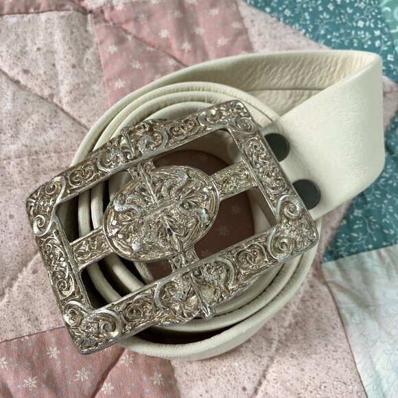 Vtg Brave Beltworks Leather Belt Womens Buckle Made in Italy White Silver 80s - Picture 3 of 10